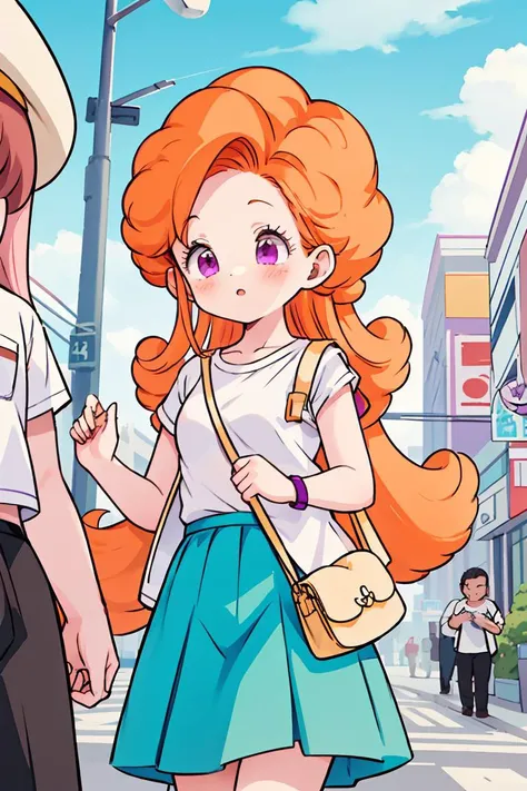 (masterpiece, best quality), 1girl, <lora:cocoangela_v5_prod:1> angela, orange hair, purple eyes, curly hair, long hair white t-shirt, teal skirt, short sleeves || yellow dress, white open sweater, sleeveless, handbag, shoulder strap