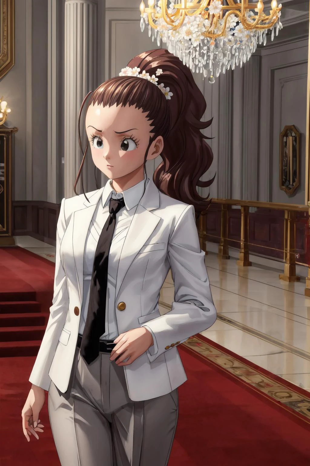 cocoa,1girl, brown hair, black eyes, ponytail,white hair flower, long hair,long sideburns,grey suit, (grey blazer), grey pants, white collared shirt, (black necktie:1.2),indoors, big fancy room,open floor,wooden railing, red carpet,chandelier,serious, white staircase in the background, (best quality, masterpiece) <lora:cocoangela_v1:1>