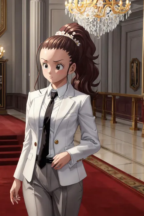 cocoa,1girl, brown hair, black eyes, ponytail,white hair flower, long hair,long sideburns,grey suit, (grey blazer), grey pants, white collared shirt, (black necktie:1.2),indoors, big fancy room,open floor,wooden railing, red carpet,chandelier,serious, white staircase in the background, (best quality,  masterpiece) <lora:cocoangela_v1:1>