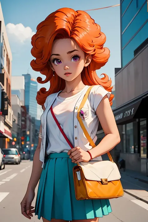 (masterpiece, best quality), 1girl, <lora:cocoangela_v5_prod:1> angela, orange hair, purple eyes, curly hair, long hair white t-shirt, teal skirt, short sleeves || yellow dress, white open sweater, sleeveless, handbag, shoulder strap