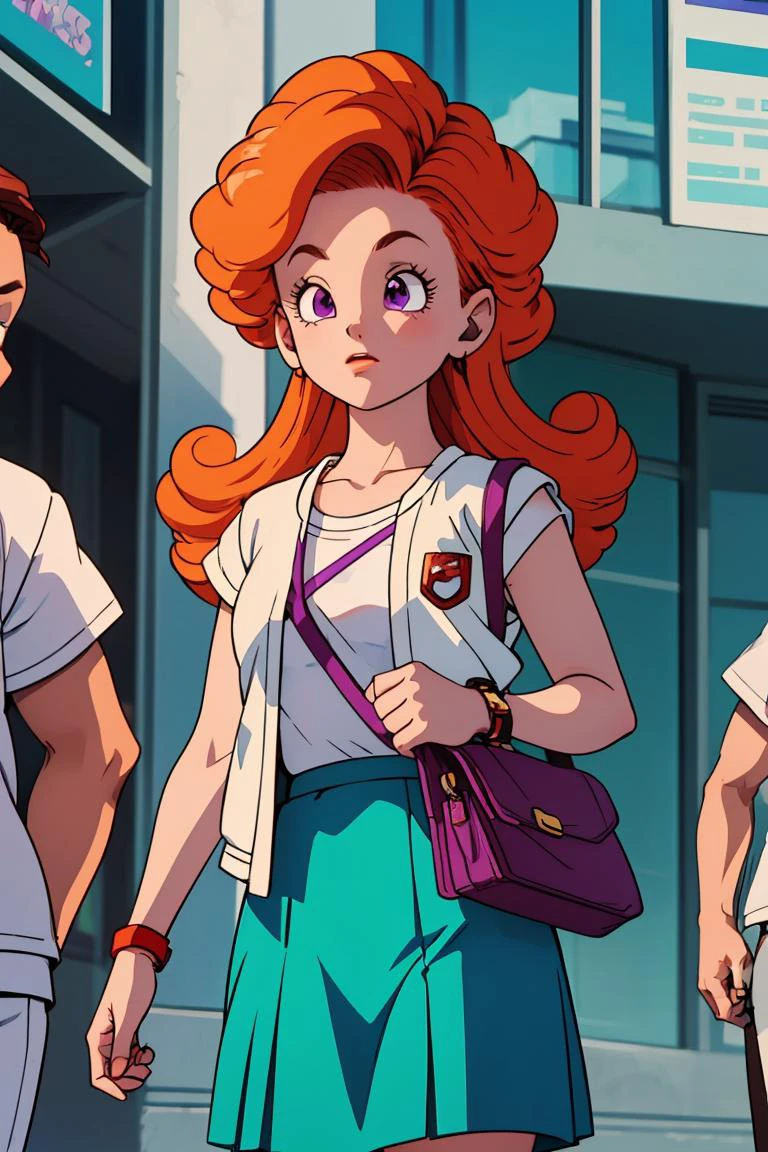 (masterpiece, best quality), 1girl, <lora:cocoangela_v5_prod:1> angela, orange hair, purple eyes, curly hair, long hair white t-shirt, teal skirt, short sleeves || yellow dress, white open sweater, sleeveless, handbag, shoulder strap