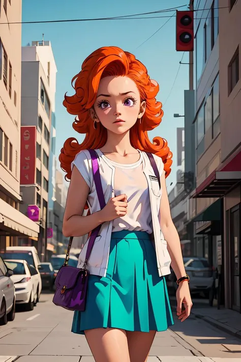 (masterpiece, best quality), 1girl,   <lora:cocoangela_v5_prod:1> angela, orange hair, purple eyes, curly hair, long hair   white t-shirt, teal skirt, short sleeves || yellow dress, white open sweater, sleeveless, handbag, shoulder strap