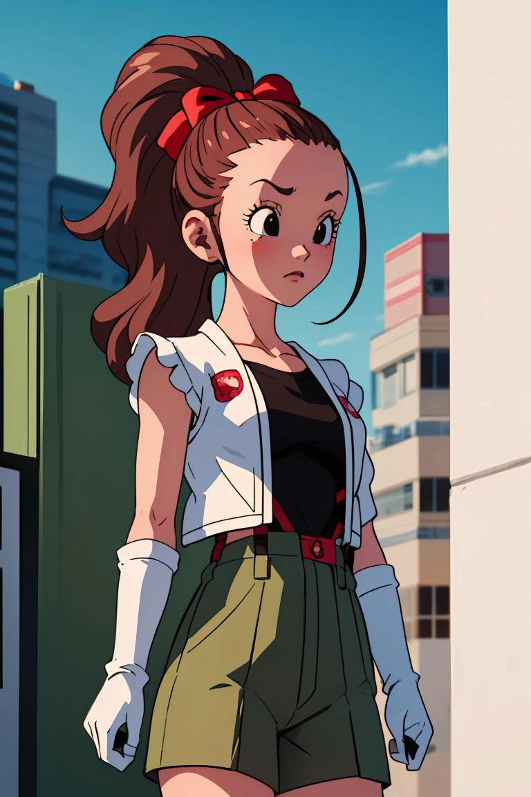 (masterpiece, best quality), 1girl, <lora:cocoangela_v5_prod:1> cocoa, brown hair, black eyes, ponytails, long sideburns || pink dress, frills, red belt, red hair bow, white elbow gloves, white thighhighs ,olive green jacket, brown shirt, army green pants, suspender pants