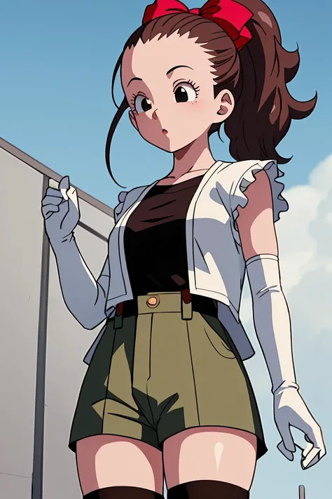 (masterpiece, best quality), 1girl, <lora:cocoangela_v5_prod:1> cocoa, brown hair, black eyes, ponytails, long sideburns || pink dress, frills, red belt, red hair bow, white elbow gloves, white thighhighs ,olive green jacket, brown shirt, army green pants, suspender pants