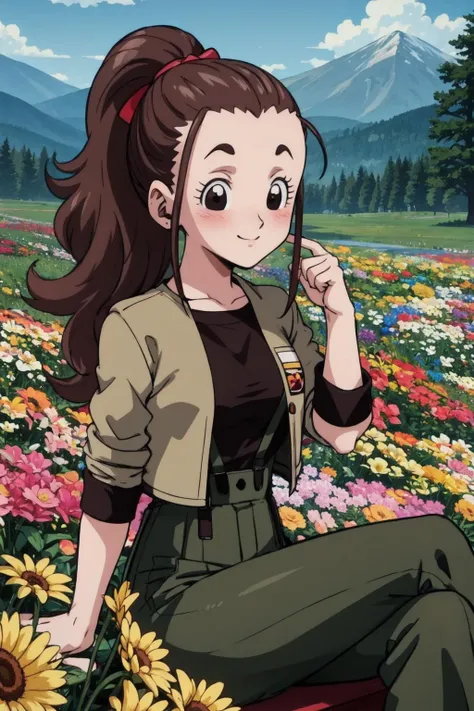 cocoa, anime coloring, 1girl, solo, brown hair, black eyes,brown shirt, olive green jacket, green pants, suspender pants,long hair,,sitting, slight smile,blush,ponytail,(long sideburns:1.2),arm support,(flowers), forest, mountain,long sleeves,(best quality, masterpiece) <lora:cocoangela_v1:1>
