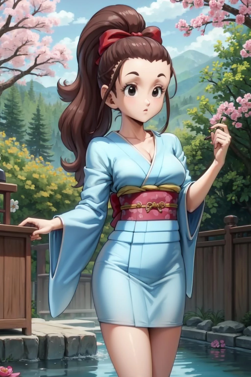 cocoa, 1girl, solo, brown hair, black eyes, ponytail, red hair bow,long hair,,long sideburns, (light blue kimono:1.2), japanese forest, shrine in the background, outdoors,small breasts,(cleavage:1.2),nature,pink petals, pond, (best quality, masterpiece) , <lora:cocoangela_v1:1>