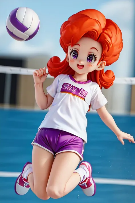 angela,1girl, (AS-YoungestV2:1.5),full body, solo, orange hair, purple eyes, curly hair, long hair, playing volleyball,jumping, volleyball uniform, purple shorts, white t-shirt,beach, volleyball net, <lora:cocoangela_v1:1>