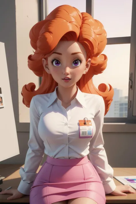 angela,1girl, solo, cowboy shot,office lady, orange hair, purple eyes, curly hair, long hair, id card, pink pencil skirt, white collared shirt, long sleeves,parted lips,office, desk,sitting, sexually suggestive, window,(beautiful, gorgeous:1.1),(Maya 3d render:1.05), (masterpiece:1.3), (hires, high resolution:1.3), subsurface scattering,looking at viewer,(hair behind ear:1.2), <lora:cocoangela_v1:1>