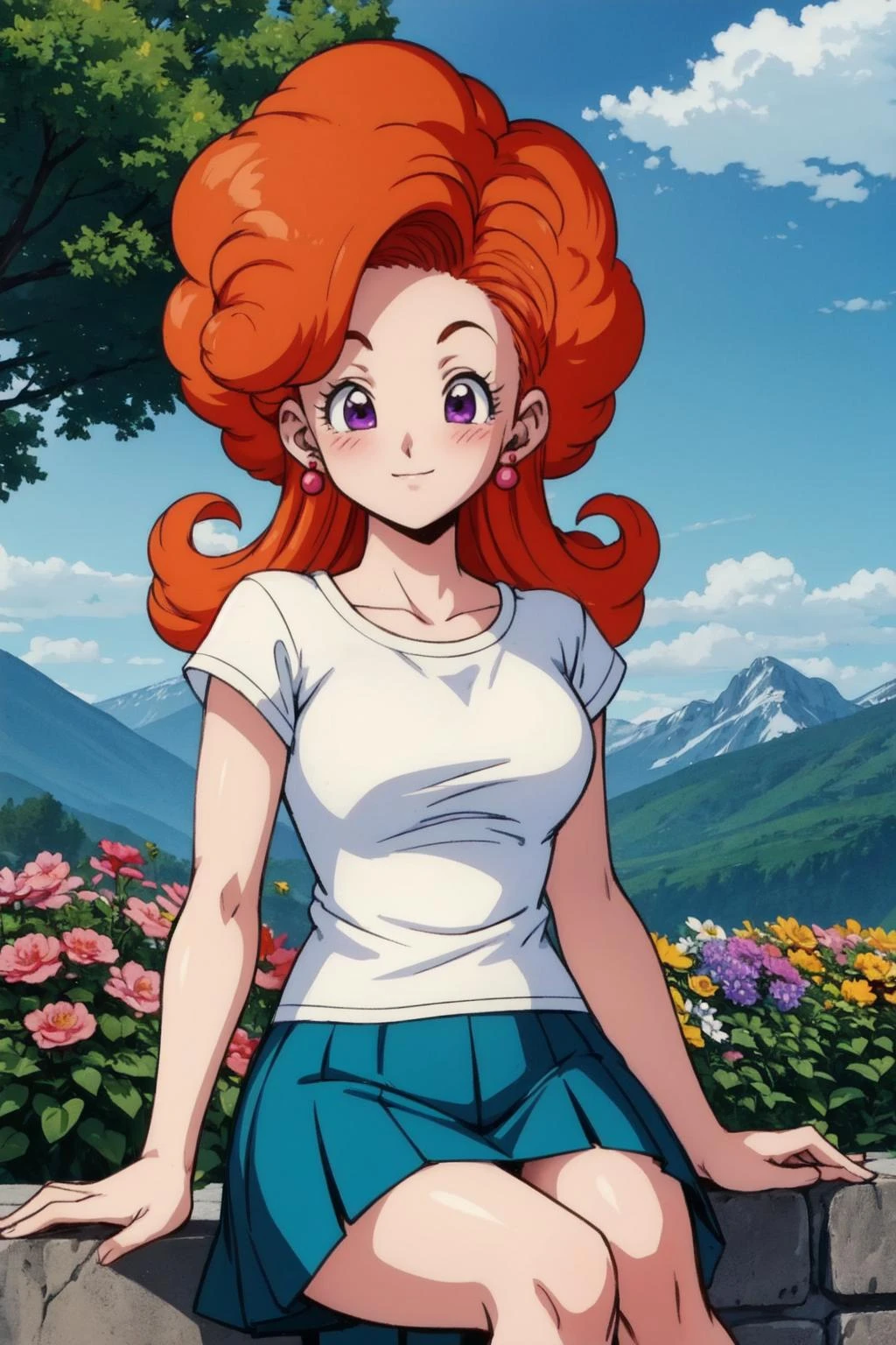 angela, anime coloring, 1girl, solo, orange hair, purple eyes,white t-shirt, teal skirt,long hair,,sitting, slight smile,blush,curly hair, red pearl earrings,arm support,flowers, forest, mountain,(best quality, masterpiece) <lora:cocoangela_v1:1>