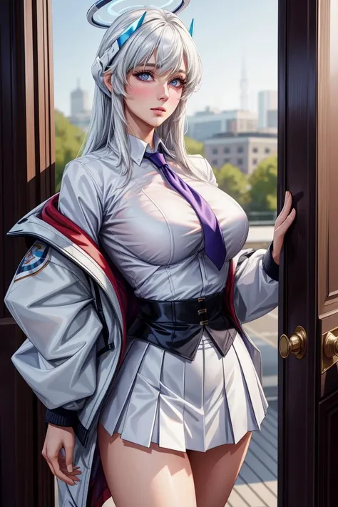 intricate details, cinematic light, 1girl, high resolution illustration, (masterpiece:1.5), (best quality:1.2), (beautiful background:1.2), detailed background, standing, (white coat:1.5), (black pantyhose:1.3), halo, tomoe_(blue_archive), <lora:tomoe_(blue_archive):0.7>