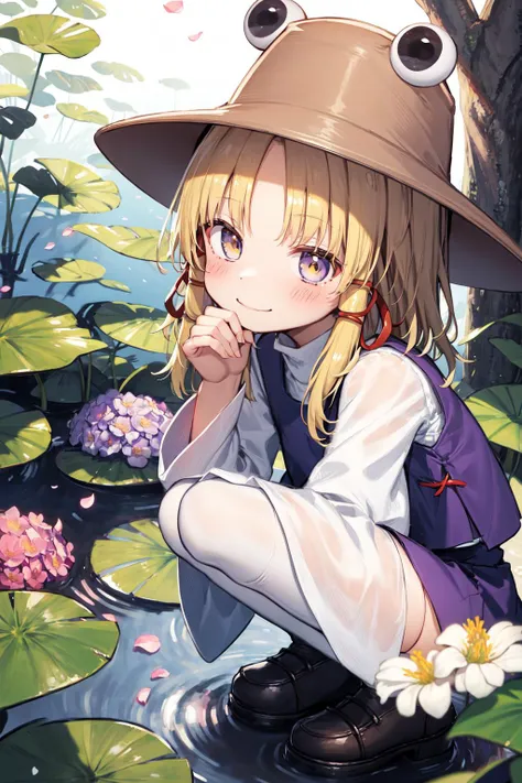 masterpiece, best quality, <lora:suwako:1>,1girl, moriya suwako, hydrangea, blonde hair, flower, thighhighs, solo, yellow eyes, ribbon, hat, hair ribbon, purple skirt, torii, red ribbon, frog, white thighhighs, skirt, smile, long sleeves, vest, wide sleeves, looking at viewer, outdoors, bangs, brown headwear, sitting, pink flower, blush, purple vest, tress ribbon, shirt, lily pad, animal, white shirt, sunlight, long hair, blue flower, purple flower, water, day, closed mouth, medium hair, light rays, sidelocks, petals, knees up, skirt set, parted bangs, sunbeam, head rest, turtleneck, squatting, leaf, nature, tree