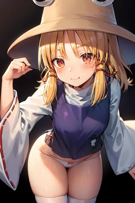 masterpiece, best quality, <lora:suwako:1>,1girl, moriya suwako, solo, blonde hair, breasts, underwear, panties, thighhighs, red eyes, alternate breast size, large breasts, hat, wide sleeves, white thighhighs, white panties, long sleeves, thighs, purple vest, looking at viewer, frog print, thick thighs, ribbon, simple background, shirt, sidelocks, brown headwear, blush, vest, black background, hair ribbon, no pants, red ribbon, aged up, leaning forward, tattoo, wide hips, pyonta, closed mouth, medium hair, long hair, ribbon trim, hair between eyes, bangs, curvy, animal print, cowboy shot, turtleneck