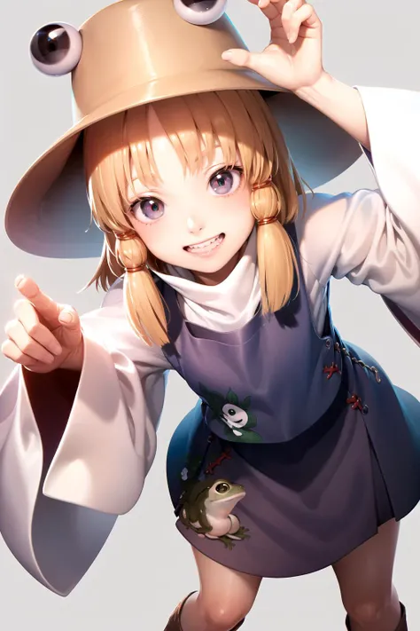 masterpiece, best quality, <lora:suwako:1>,1girl,smile,moriya suwako, frog print, grey background, (kbxll:0.7)