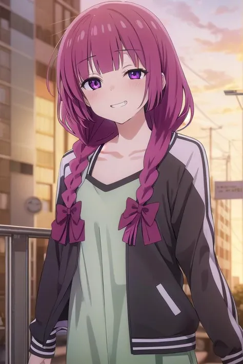 hiroikikuri, <lora:kikuri hiroi s1-lora-nochekaiser:1>,
kikuri hiroi, black bow, blunt bangs, braid, closed eyes, (purple eyes:1.1), fang, hair bow, hair over shoulder, long hair, purple hair, sidelocks, single braid, smile, grin, fangs, teeth,
BREAK black jacket, brown footwear, collarbone, dress, green dress, jacket, long sleeves, open clothes, open jacket, raglan sleeves, sandals, white sleeves,
BREAK outdoors, city, crowd, people,
BREAK looking at viewer, (cowboy shot:1.5),
BREAK <lyco:GoodHands-beta2:1>, (masterpiece:1.2), best quality, high resolution, unity 8k wallpaper, (illustration:0.8), (beautiful detailed eyes:1.6), extremely detailed face, perfect lighting, extremely detailed CG, (perfect hands, perfect anatomy),
