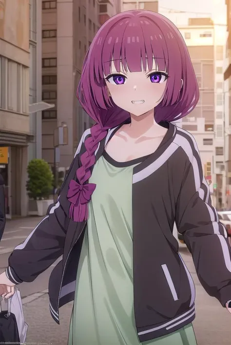 hiroikikuri, <lora:kikuri hiroi s1-lora-nochekaiser:1>,
kikuri hiroi, black bow, blunt bangs, braid, closed eyes, (purple eyes:1.1), fang, hair bow, hair over shoulder, long hair, purple hair, sidelocks, single braid, smile, grin, fangs, teeth,
BREAK black jacket, brown footwear, collarbone, dress, green dress, jacket, long sleeves, open clothes, open jacket, raglan sleeves, sandals, white sleeves,
BREAK outdoors, city, crowd, people,
BREAK looking at viewer, (cowboy shot:1.5),
BREAK <lyco:GoodHands-beta2:1>, (masterpiece:1.2), best quality, high resolution, unity 8k wallpaper, (illustration:0.8), (beautiful detailed eyes:1.6), extremely detailed face, perfect lighting, extremely detailed CG, (perfect hands, perfect anatomy),