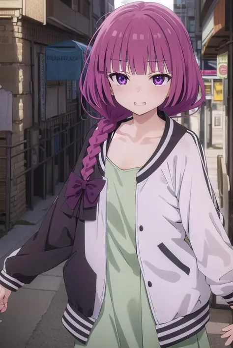 hiroikikuri, <lora:kikuri hiroi s1-lora-nochekaiser:1>, 
kikuri hiroi, black bow, blunt bangs, braid, closed eyes, (purple eyes:1.1), fang, hair bow, hair over shoulder, long hair, purple hair, sidelocks, single braid, smile, grin, fangs,  teeth,
BREAK black jacket, brown footwear, collarbone, dress, green dress, jacket, long sleeves, open clothes, open jacket, raglan sleeves, sandals, white sleeves,
BREAK outdoors, city, crowd, people,
BREAK looking at viewer, (cowboy shot:1.5), 
BREAK <lyco:GoodHands-beta2:1>, (masterpiece:1.2), best quality, high resolution, unity 8k wallpaper, (illustration:0.8), (beautiful detailed eyes:1.6), extremely detailed face, perfect lighting, extremely detailed CG, (perfect hands, perfect anatomy),