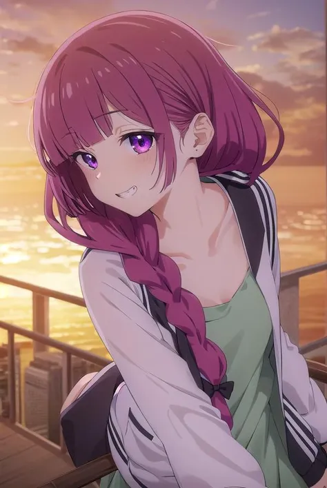hiroikikuri, <lora:kikuri hiroi s1-lora-nochekaiser:1>,
kikuri hiroi, black bow, blunt bangs, braid, closed eyes, (purple eyes:1.1), fang, hair bow, hair over shoulder, long hair, purple hair, sidelocks, single braid, smile, grin, fangs, teeth,
BREAK black jacket, brown footwear, collarbone, dress, green dress, jacket, long sleeves, open clothes, open jacket, raglan sleeves, sandals, white sleeves,
BREAK outdoors, city, crowd, people,
BREAK looking at viewer, (cowboy shot:1.5),
BREAK <lyco:GoodHands-beta2:1>, (masterpiece:1.2), best quality, high resolution, unity 8k wallpaper, (illustration:0.8), (beautiful detailed eyes:1.6), extremely detailed face, perfect lighting, extremely detailed CG, (perfect hands, perfect anatomy),
