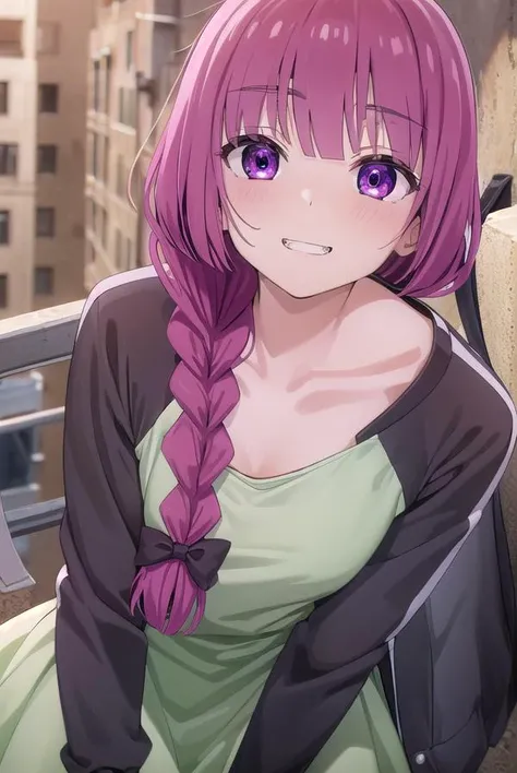 hiroikikuri, <lora:kikuri hiroi s1-lora-nochekaiser:1>,
kikuri hiroi, black bow, blunt bangs, braid, closed eyes, (purple eyes:1.1), fang, hair bow, hair over shoulder, long hair, purple hair, sidelocks, single braid, smile, grin, fangs, teeth,
BREAK black jacket, brown footwear, collarbone, dress, green dress, jacket, long sleeves, open clothes, open jacket, raglan sleeves, sandals, white sleeves,
BREAK outdoors, city, crowd, people,
BREAK looking at viewer, (cowboy shot:1.5),
BREAK <lyco:GoodHands-beta2:1>, (masterpiece:1.2), best quality, high resolution, unity 8k wallpaper, (illustration:0.8), (beautiful detailed eyes:1.6), extremely detailed face, perfect lighting, extremely detailed CG, (perfect hands, perfect anatomy),