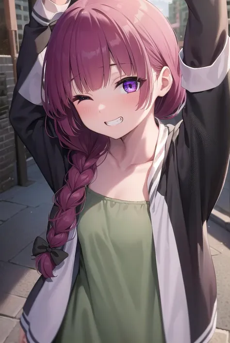 hiroikikuri, <lora:kikurihiroi-lora-nochekaiser:1>, 
kikuri hiroi, black bow, blunt bangs, braid, closed eyes, fang, hair bow, hair over shoulder, long hair, purple hair, sidelocks, single braid, smile, grin, fangs,  teeth,
BREAK black jacket, brown footwear, collarbone, dress, green dress, jacket, long sleeves, open clothes, open jacket, raglan sleeves, sandals, white sleeves,
BREAK outdoors, city, crowd, people,
BREAK looking at viewer, (cowboy shot:1.5), 
BREAK <lyco:GoodHands-beta2:1>, (masterpiece:1.2), best quality, high resolution, unity 8k wallpaper, (illustration:0.8), (beautiful detailed eyes:1.6), extremely detailed face, perfect lighting, extremely detailed CG, (perfect hands, perfect anatomy),