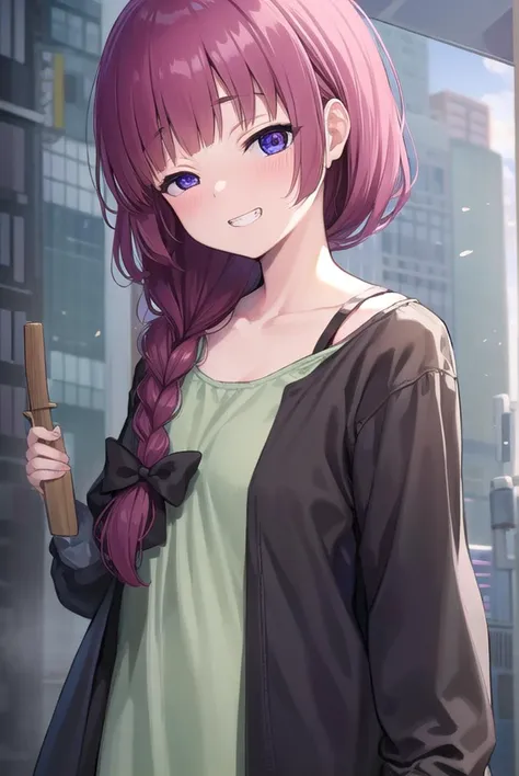 hiroikikuri, <lora:kikurihiroi-lora-nochekaiser:1>, 
kikuri hiroi, black bow, blunt bangs, braid, closed eyes, fang, hair bow, hair over shoulder, long hair, purple hair, sidelocks, single braid, smile, grin, fangs,  teeth,
BREAK black jacket, brown footwear, collarbone, dress, green dress, jacket, long sleeves, open clothes, open jacket, raglan sleeves, sandals, white sleeves,
BREAK outdoors, city, crowd, people,
BREAK looking at viewer, (cowboy shot:1.5), 
BREAK <lyco:GoodHands-beta2:1>, (masterpiece:1.2), best quality, high resolution, unity 8k wallpaper, (illustration:0.8), (beautiful detailed eyes:1.6), extremely detailed face, perfect lighting, extremely detailed CG, (perfect hands, perfect anatomy),