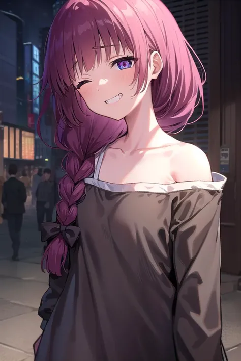 hiroikikuri, <lora:kikurihiroi-lora-nochekaiser:1>, 
kikuri hiroi, black bow, blunt bangs, braid, closed eyes, fang, hair bow, hair over shoulder, long hair, purple hair, sidelocks, single braid, smile, grin, fangs,  teeth,
BREAK black jacket, brown footwear, collarbone, dress, green dress, jacket, long sleeves, open clothes, open jacket, raglan sleeves, sandals, white sleeves,
BREAK outdoors, city, crowd, people,
BREAK looking at viewer, (cowboy shot:1.5), 
BREAK <lyco:GoodHands-beta2:1>, (masterpiece:1.2), best quality, high resolution, unity 8k wallpaper, (illustration:0.8), (beautiful detailed eyes:1.6), extremely detailed face, perfect lighting, extremely detailed CG, (perfect hands, perfect anatomy),