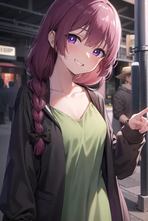 hiroikikuri, <lora:kikurihiroi-lora-nochekaiser:1>, 
kikuri hiroi, black bow, blunt bangs, braid, closed eyes, fang, hair bow, hair over shoulder, long hair, purple hair, sidelocks, single braid, smile, grin, fangs,  teeth,
BREAK black jacket, brown footwear, collarbone, dress, green dress, jacket, long sleeves, open clothes, open jacket, raglan sleeves, sandals, white sleeves,
BREAK outdoors, city, crowd, people,
BREAK looking at viewer, (cowboy shot:1.5), 
BREAK <lyco:GoodHands-beta2:1>, (masterpiece:1.2), best quality, high resolution, unity 8k wallpaper, (illustration:0.8), (beautiful detailed eyes:1.6), extremely detailed face, perfect lighting, extremely detailed CG, (perfect hands, perfect anatomy),