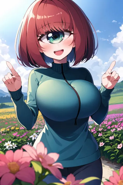 tangan,cyclops, 1girl, solo,red hair, green eyes,  short hair,bob cut, big breasts, 
jacket, shirt, 
smile, open mouth, blush,  looking at viewer,   standing,
hill, blue sky, outdoors, flower field, 
 <lora:tangan_any45_lh:0.87>