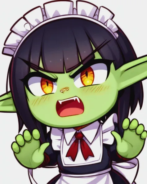 twitchemote, goblin girl, green skin, colored skin, black hair, short hair with long locks, blunt bangs, amber eyes, tsurime eyes, (angry:1.2) expression, shouting, fang, upper teeth, blush, maid apron, maid headdress, beautiful 8k wallpaper, masterpiece, best quality, cowboy shot, white background <lora:EmoteMakerLora:0.75>