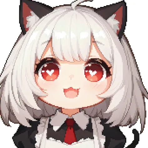 absurdres, 1girl, red eyes, white hair, short hair, wide-eyed, eyelashes, looking at viewer, twitchemote, <lora:EmoteMakerLora:0.9>, white background, upper body, chibi, (:D, :3:1.0), facing viewer, simple background, cat ears, maid, heart-shaped pupils, open mouth, blunt bangs, ahoge, short sleeves, blush