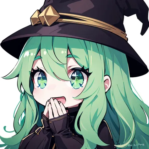 1girl , green wavy hair , blue eyes ,  black witch hat , :D , +_+ ,  chibi , highly detailed, sparkling_eyes , hands on face , side view , <lora:EmoteMakerLora:1>