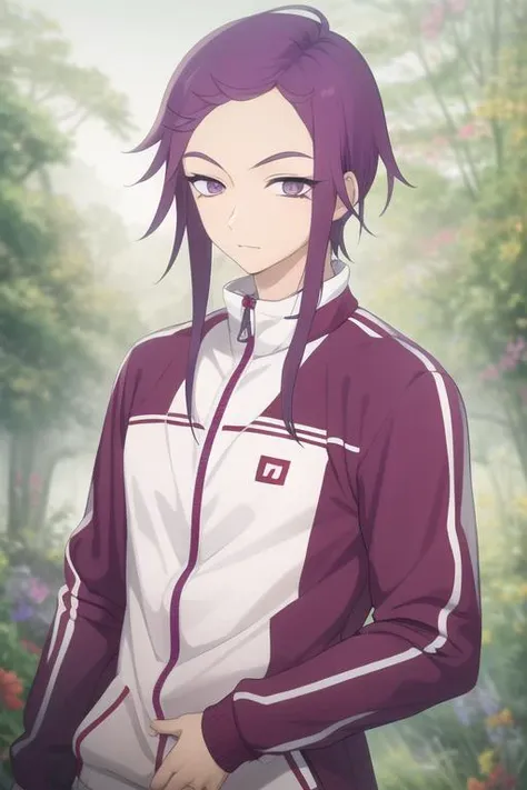 masterpiece, best quality, high quality, 1boy, solo, male focus, looking at viewer, upper body, <lora:kishou_yamada_asaemon:0.66>, kishou_yamada_asaemon, purple hair, purple eyes, , track suit