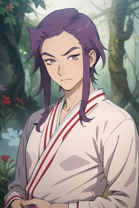 masterpiece, best quality, high quality, 1boy, solo, male focus, looking at viewer, upper body, <lora:kishou_yamada_asaemon:0.62>, kishou_yamada_asaemon, purple hair, purple eyes, , pajamas