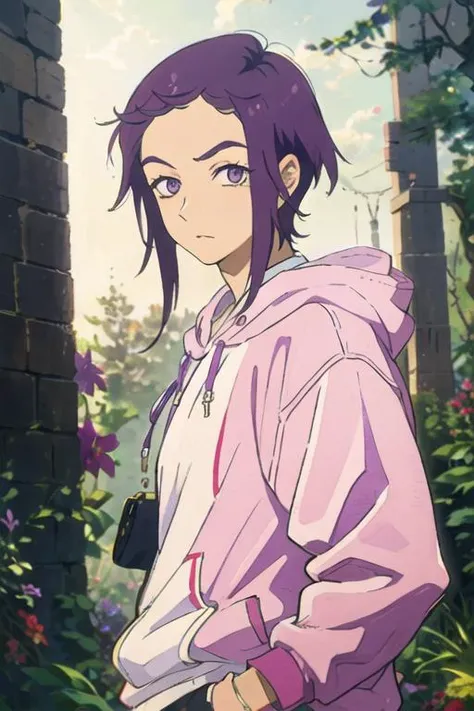 masterpiece, best quality, high quality, 1boy, solo, male focus, looking at viewer, upper body, <lora:kishou_yamada_asaemon:0.68>, kishou_yamada_asaemon, purple hair, purple eyes, , hoodie