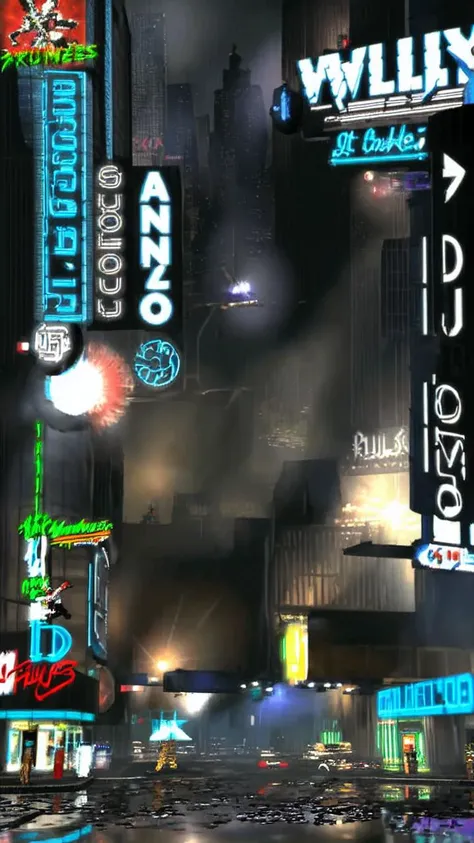 dos game, screenshot, city center, flying cars, advertisements, billboard in a style of p1xbladerunner