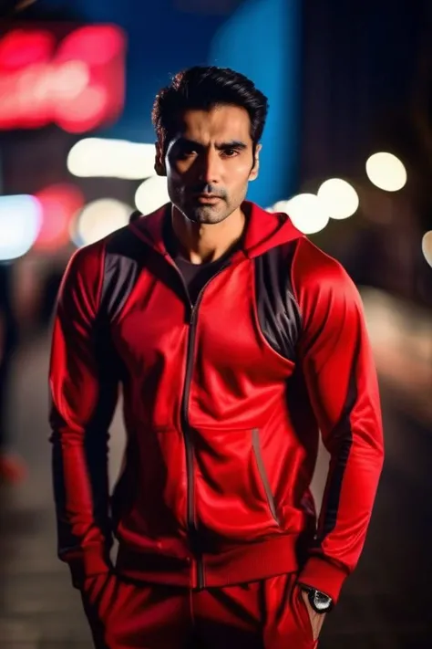 <lora:ishwak-singh_Sendhil-Ramamurthy:0.8> Sendhil Ramamurthy a man, realistic photo in a worn ((skin-revealing skimpy erotic red tracksuit, massive hairy pecs)), big pecs, big arms, bulge, VPL, ((light bokeh)), intricate, (steel metal [rust]), elegant, erotic, exuding sexual energy, homoerotic, sharp focus, photo by greg rutkowski, soft lighting, vibrant colors, (masterpiece), ((streets)), (detailed face), looking at viewer, light smile, night, walking towards viewer, cinematic lighting, beautiful lighting, cinematic lighting, (hazy filter, film grain:1.2)