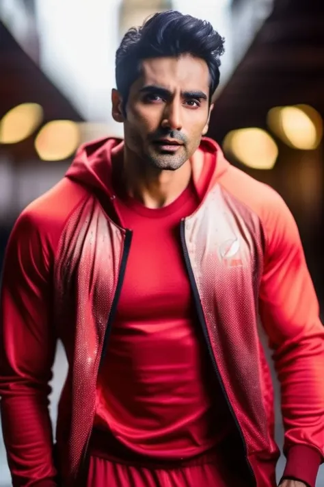 <lora:ishwak-singh_Sendhil-Ramamurthy:0.8> Sendhil Ramamurthy a man, realistic photo in a worn ((skin-revealing skimpy erotic red tracksuit, massive hairy pecs showing nipples)), big pecs, big arms, bulge, VPL, ((light bokeh)), intricate, (steel metal [rust]), elegant, erotic, exuding sexual energy, homoerotic, sharp focus, photo by greg rutkowski, soft lighting, vibrant colors, (masterpiece), ((streets)), (detailed face), looking at viewer, light smile, night, walking towards viewer, cinematic lighting, beautiful lighting, cinematic lighting, (hazy filter, film grain:1.2),showing underwear,