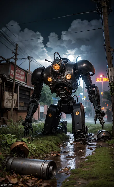 melancholy scene of an old broken down rusty mecha cyborg Lion in a rainy overgrown junkyard, intricate gears and circuitry, bionic eyes, masterpiece, best quality, a sad cat, foggy, night, heavy rainfall, mushrooms, Moss covers the worn metal exterior of the cat robot rusted metal casing, mechanical face, metal teeth and claws, inner metal framework and wiring showing