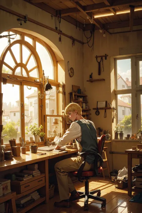 masterpiece,best quality,indoor,blonde short hair,sitting,workshop,tool,working,window