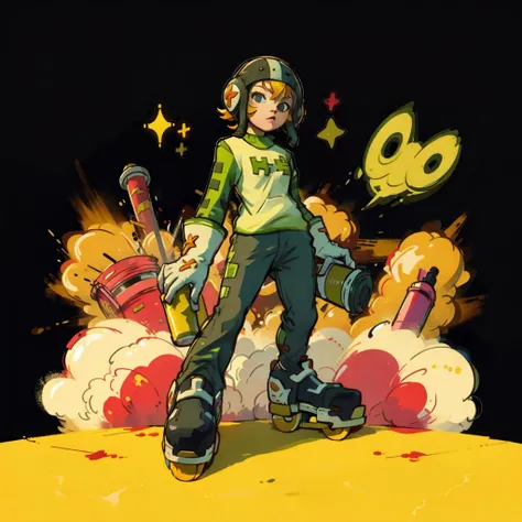 Jet-Set-Radio, solo, complex background, army pants, gloves, 1girl happy, roller shoes, street, city background,, paint can, <lora:Jet-Set-Radio:1> <lora:keke:0.3> <lora:jetsetradio_gum:0.8> graffiti <lora:Jet Set Radio Style:0.5> <lora:graffiti:0.5> <lora:CONCEPT_graffiti_wall_ownwaifu:1> <lora:Graffiti:0.5> <lora:cocolo:0.5>