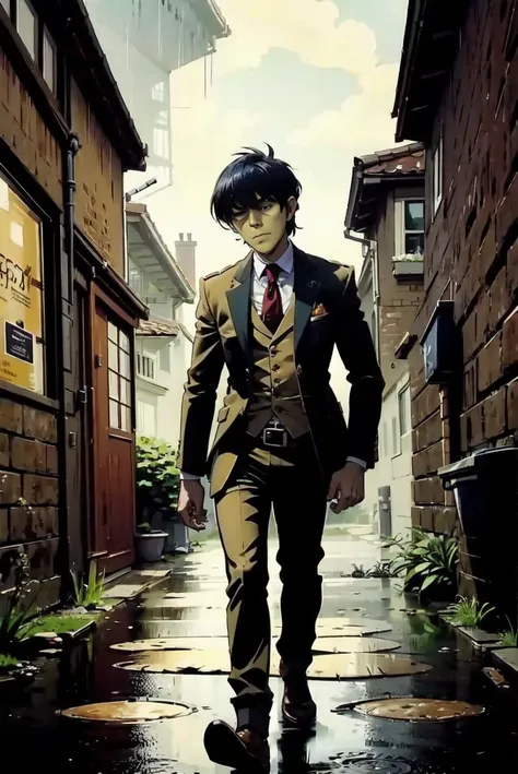 There's a fine young English gentleman in this downpour, and suddenly, 'soaked to the bone' has a whole new, very appealing meaning, <lora:murdocgorillaz:0.65>