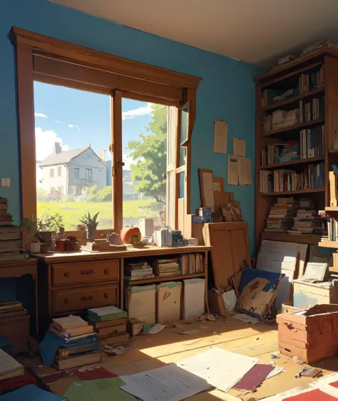 (best quality, masterpiece:1.1), an apple on a table in the middle of the room with a bed. opposite a window and beautiful blue sky. Clutter-Home