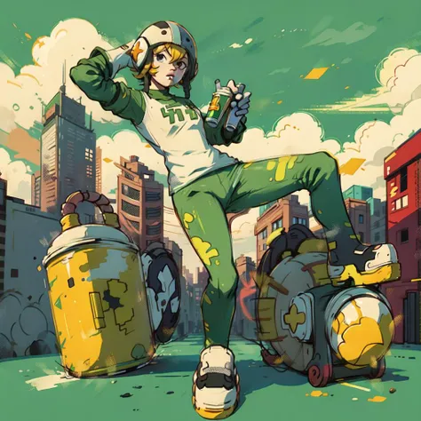Jet-Set-Radio, solo, complex background, army pants, gloves, 1girl, roller shoes, street, city background,, paint can, <lora:Jet-Set-Radio:1> <lora:keke:0.3> <lora:jetsetradio_gum:0.8> graffiti <lora:Jet Set Radio Style:0.5> <lora:graffiti:0.5> <lora:CONCEPT_graffiti_wall_ownwaifu:1> <lora:Graffiti:0.5> <lora:cocolo:0.5>