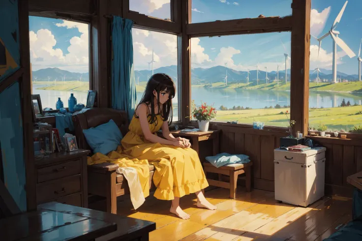 beautiful long haired girl, short summer dress, BREAK
cluttered room, sitting in front of a large window, overlooking a lake with wind turbines,
(masterpiece, best quality:1.1), 8k, highly detailed,