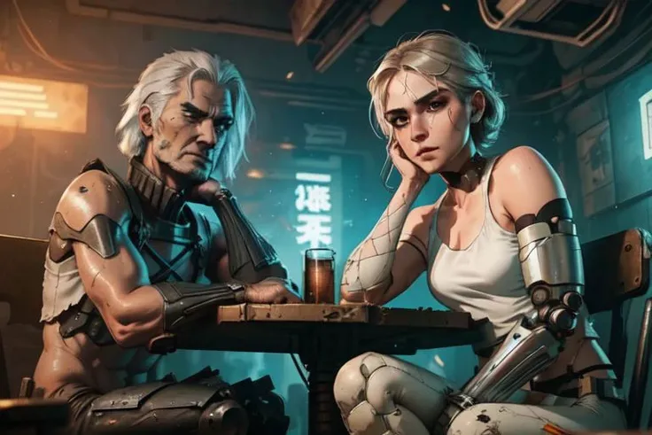 2 people, 1girl, 1boy, geralt and ciri, pants, white t-shirt, cyberware, bionic limbs, metalic ribs, cyberpunk, futuristic, dystopia, bare shoulders, masterpiece, best quality, sitting, alcohol, facing each other, dust, light particles, indoors, destroyed bar, (face close up shot:1.3)