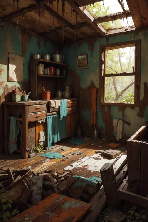 masterpiece of an abandoned overgrown cabin, rotten wood, rust, peeling paint,
