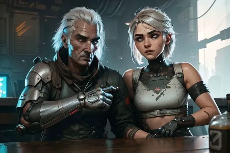 2 people, 1girl, 1boy, geralt and ciri, pants, white t-shirt, cyberware, bionic limbs, metalic ribs, cyberpunk, futuristic, dystopia, bare shoulders, masterpiece, best quality, sitting, alcohol, facing each other, dust, light particles, indoors, destroyed bar, (face close up shot:1.3)