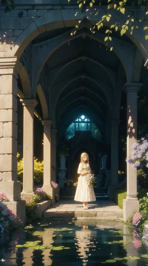 1girl, elegant clothing, standing in front of arch, overgrown cottage, cascading water, soft lighting, (subtle interplay of light and shadow):1.2, delicate details, gentle brushstrokes, warm tones, dappled light, atmospheric shadows, impressionistic technique, peaceful garden, blooming flowers, lush foliage, stone pathway, trickling fountain, golden sunset, idyllic retreat, serene atmosphere, ultra detailed, official art, unity 8k wallpaper , mandala,