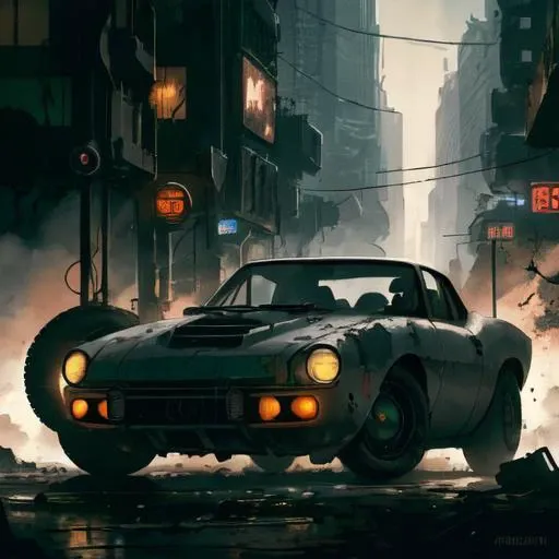 cinematic film still an futuristic cyberpunk, dieselpunk sports car in a destroyed city after an nuclear blast . with zombies around, shallow depth of field, vignette, highly detailed, high budget, bokeh, cinemascope, moody, epic, gorgeous, film grain, grainy, high quality photography, 3 point lighting, flash with softbox, 4k, Canon EOS R3, hdr, smooth, sharp focus, high resolution, award winning photo, 80mm, f2.8, bokeh
, undefined