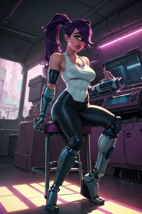 turanga leela, 1girl, solo, purple hair, ponytail, huge breasts, long hair, pants, tank top, cyberware, (bionic limbs:1.4), metalic ribs, cyberpunk, futuristic, dystopia, makeup, cleavage, lipstick, toned, cyclops, black leggins, lips, white tank top, bare shoulders, ((one-eyed)), masterpiece, best quality, cup, sitting, alcohol, wine, looking at viewer, stool, light particles, indoors,
