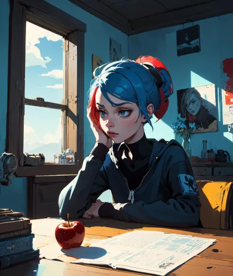 (best quality, masterpiece:1.1), an apple on a table in the middle of the room with a bed. opposite a window and beautiful blue sky., anthropomorphic, beautiful, borderlands 3 psycho portrait, colourful vector, graphic novel, grunge